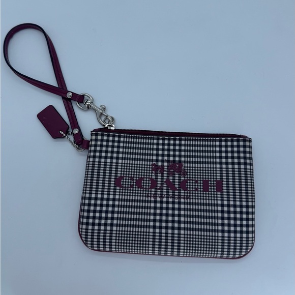 Coach New York Plaid Wristlet Clutch Pouch Burgundy Leather Strap - Picture 7 of 7